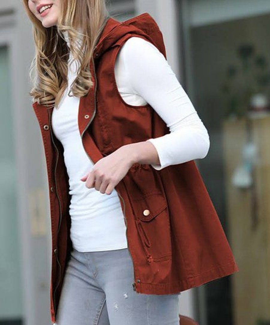 Women * | Best Deal 42Pops Dark Rust Drawstring-Waist Pocket Zip-Up Hooded Vest Women