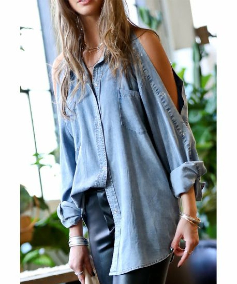 Women * | Flash Sale 42Pops Light Denim Long-Sleeve Cutout Button-Up Women