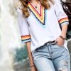 Other * | Hot Sale 42Pops White Multicolor Stripe V-Neck Short-Sleeve Top Women