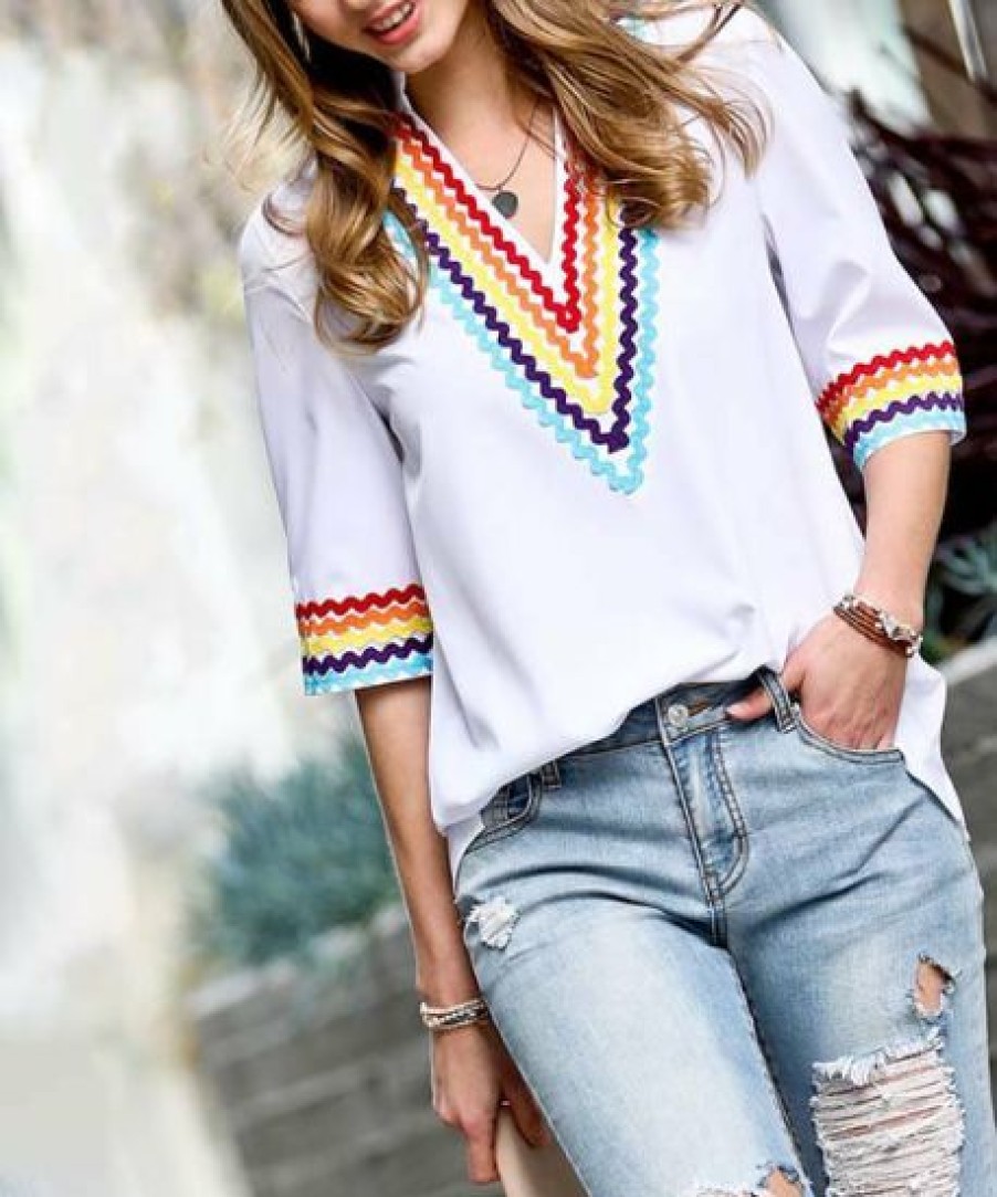 Other * | Hot Sale 42Pops White Multicolor Stripe V-Neck Short-Sleeve Top Women