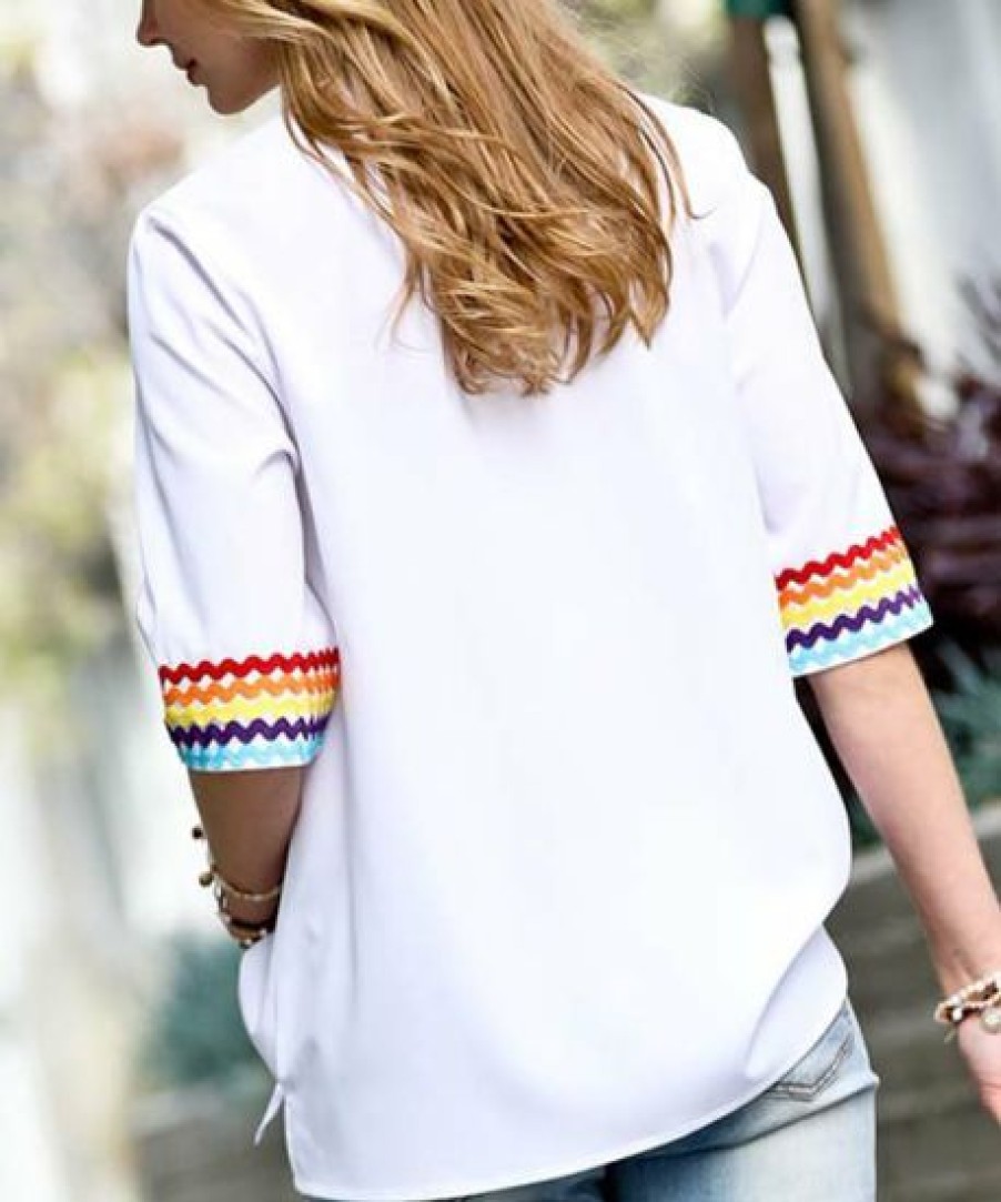 Other * | Hot Sale 42Pops White Multicolor Stripe V-Neck Short-Sleeve Top Women