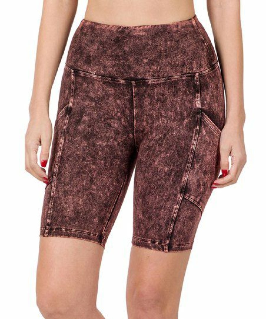 Women * | Deals 42Pops Rust Brown Mineral Wash Wide-Waistband Pocket Bike Shorts Women