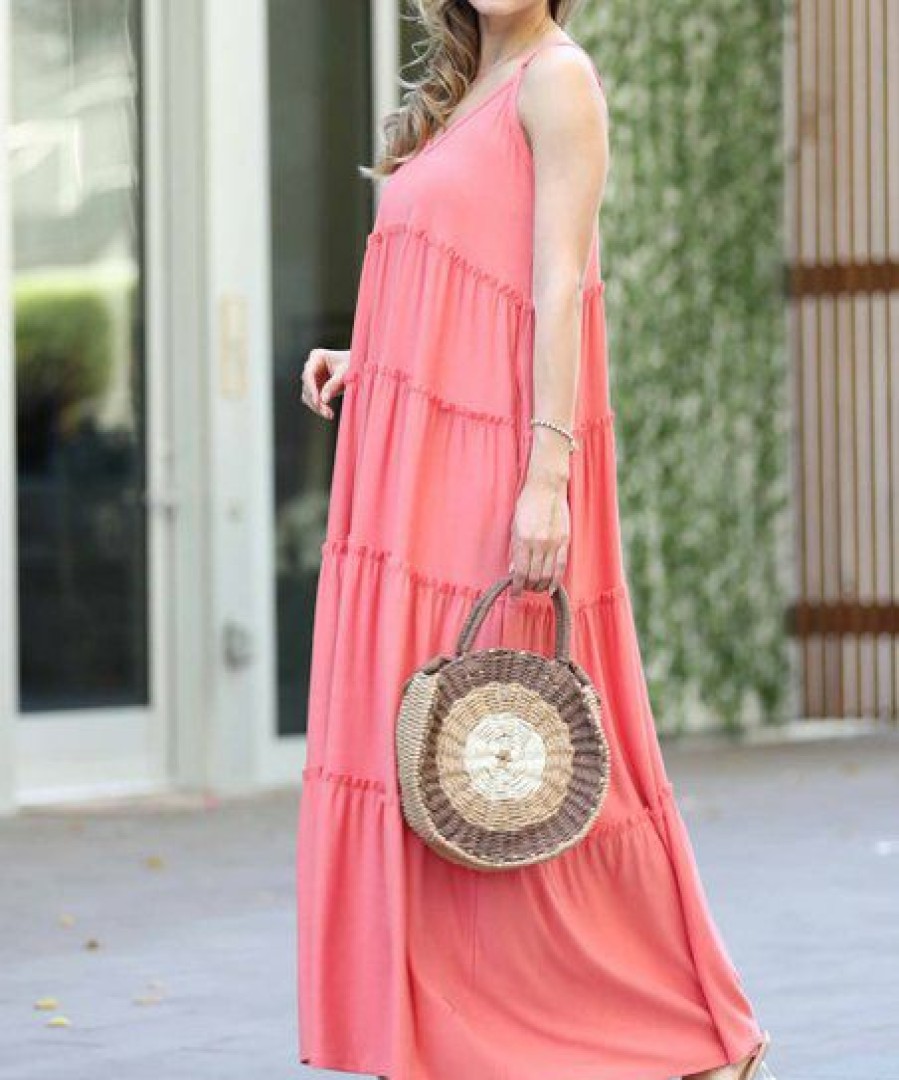 Women * | Buy 42Pops Coral Pink V-Neck Sleeveless Tiered Pocket Maxi Dress Women