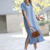 Women * | Promo 42Pops Medium Blue Chambray Short-Sleeve Side-Slit Pocket Shirt Dress Women