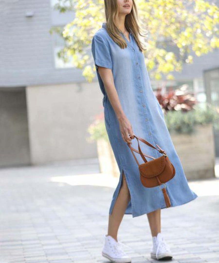 Women * | Promo 42Pops Medium Blue Chambray Short-Sleeve Side-Slit Pocket Shirt Dress Women