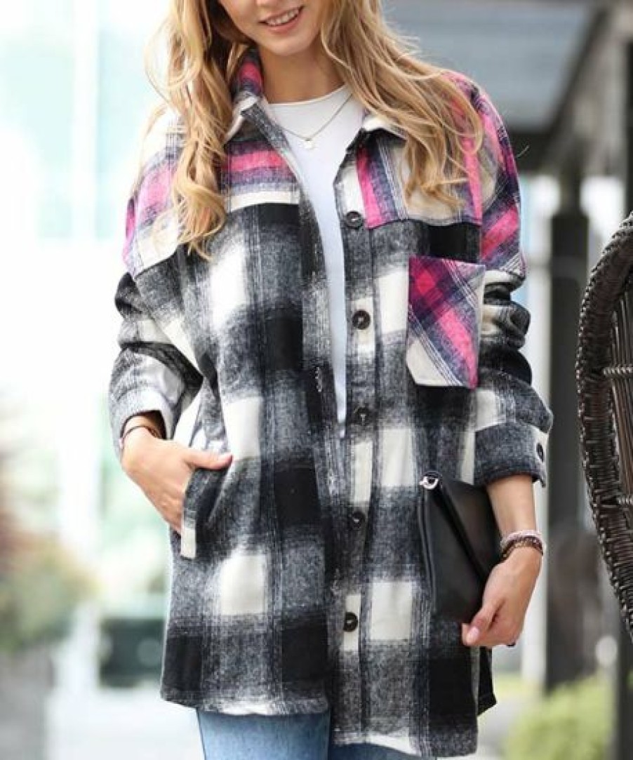 Women * | Cheap 42Pops Black & Magenta Color Block Plaid Pocket Oversize Shacket Women