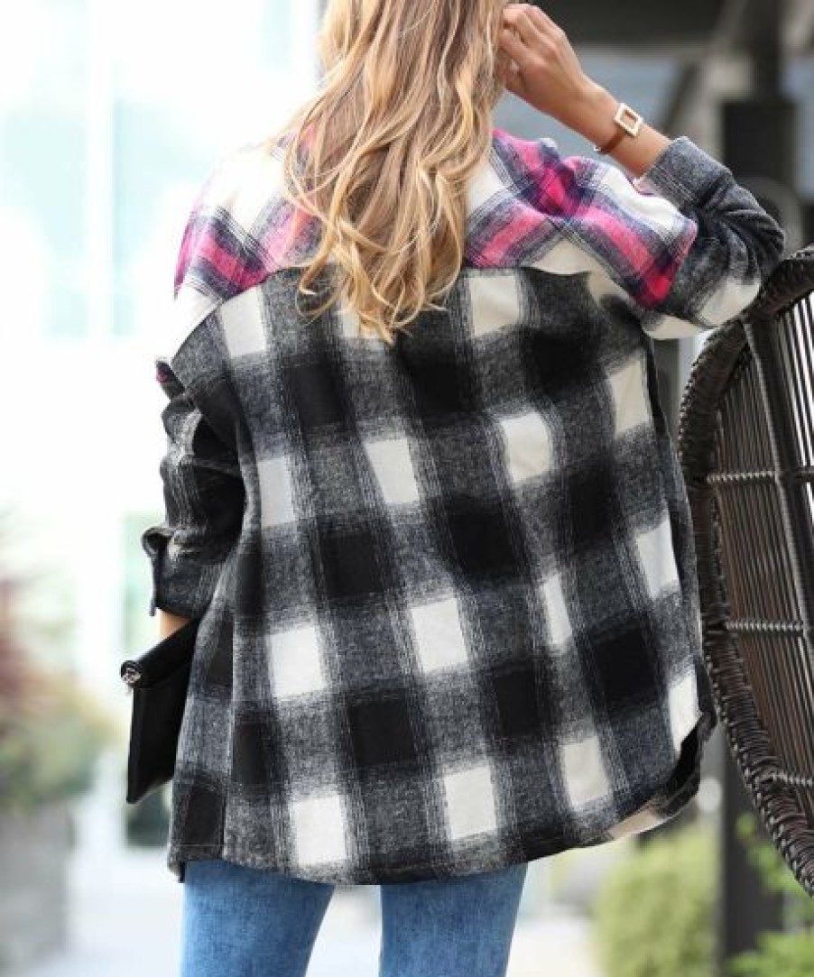 Women * | Cheap 42Pops Black & Magenta Color Block Plaid Pocket Oversize Shacket Women