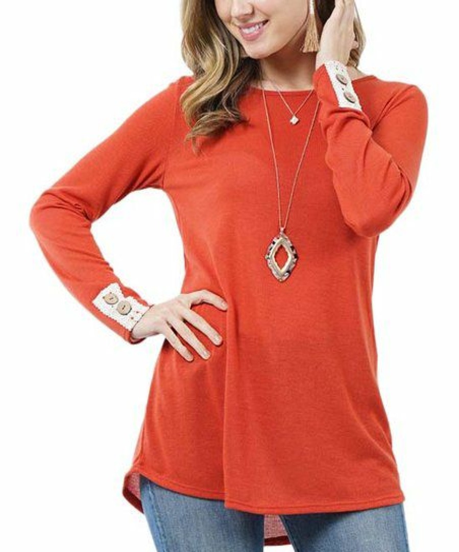 Other * | Hot Sale 42Pops Rust Crochet-Back Crewneck Long-Sleeve Tunic Women