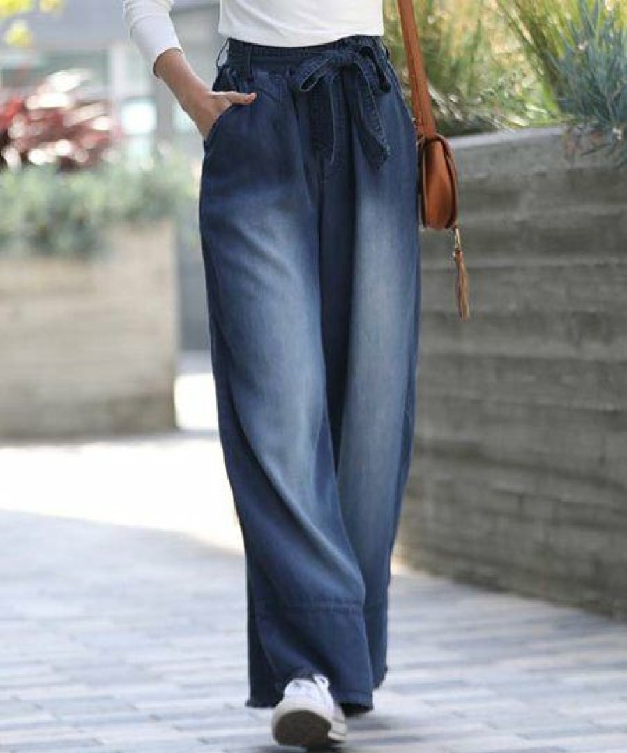 Women * | New 42Pops Midnight Chambray Tie-Belt Pocket Wide-Leg Paper Bag Jeans Women