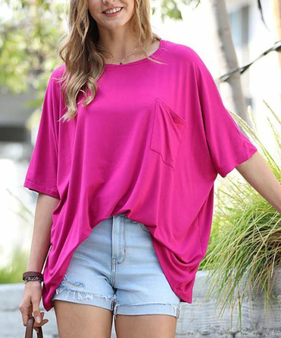 Women * | Cheap 42Pops Magenta Scoop Neck Pocket Oversize Boyfriend Tee Women