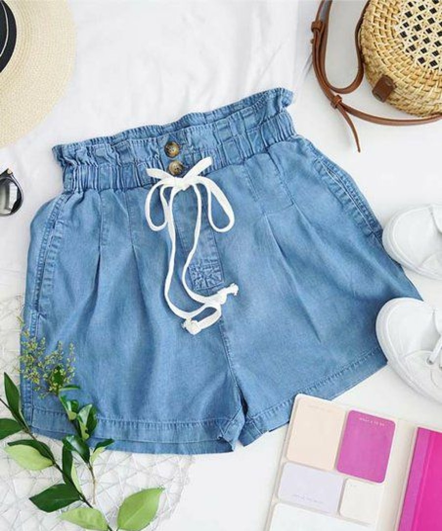 Women * | Flash Sale 42Pops Medium Chambray Drawstring Pocket Paper Bag Shorts Women