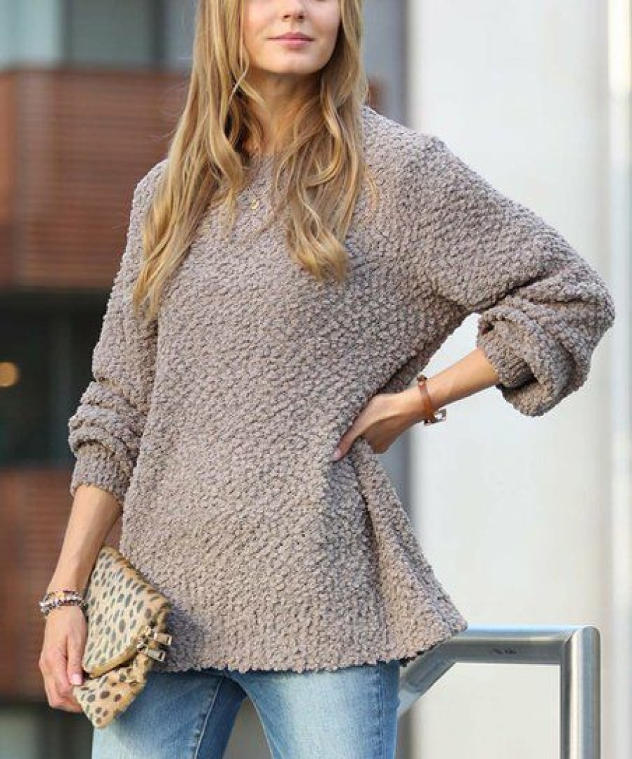 Women * | Budget 42Pops Ash Mocha Popcorn-Texture Crewneck Bishop-Sleeve Sweater Women