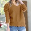 Women * | Best Sale 42Pops Deep Camel Distressed Drop-Shoulder V-Neck Oversize Sweater Women