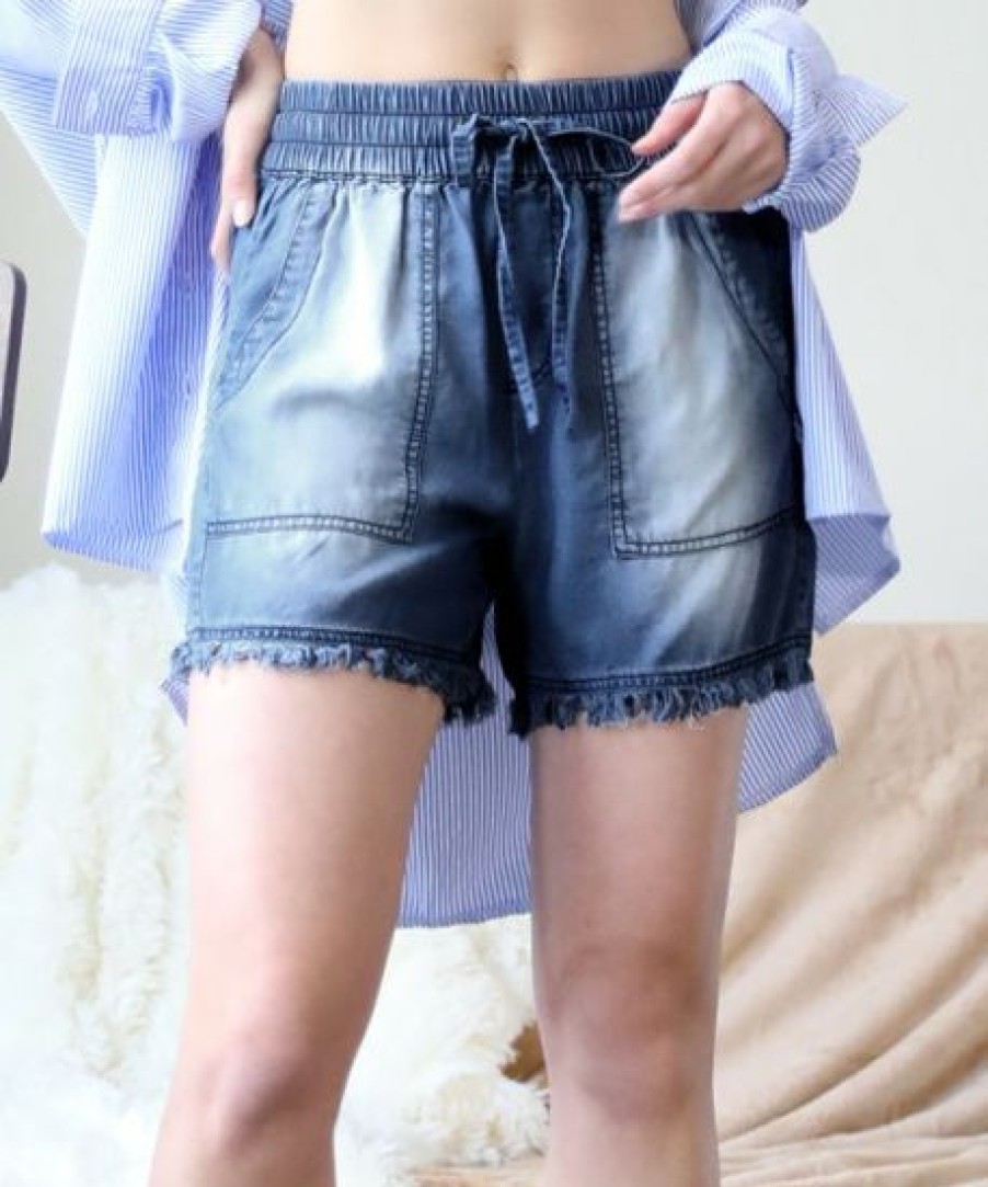 Women * | Discount 42Pops Dark Blue Chambray Drawstring Raw-Cuff Pocket Shorts Women