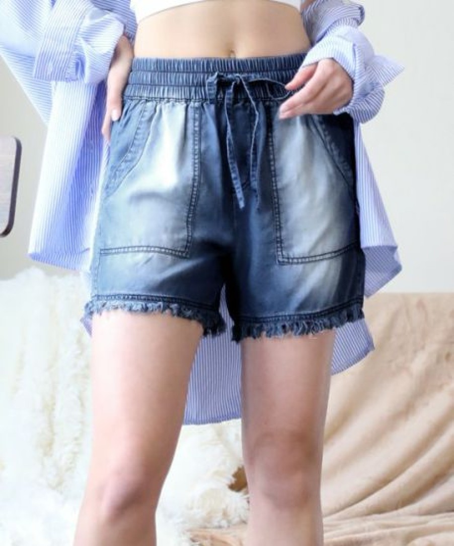 Women * | Discount 42Pops Dark Blue Chambray Drawstring Raw-Cuff Pocket Shorts Women