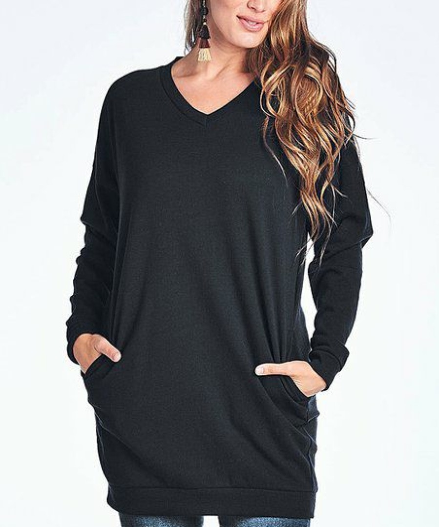 Women * | Wholesale 42Pops Black Oversize V-Neck Long-Sleeve Pocket Tunic Plus