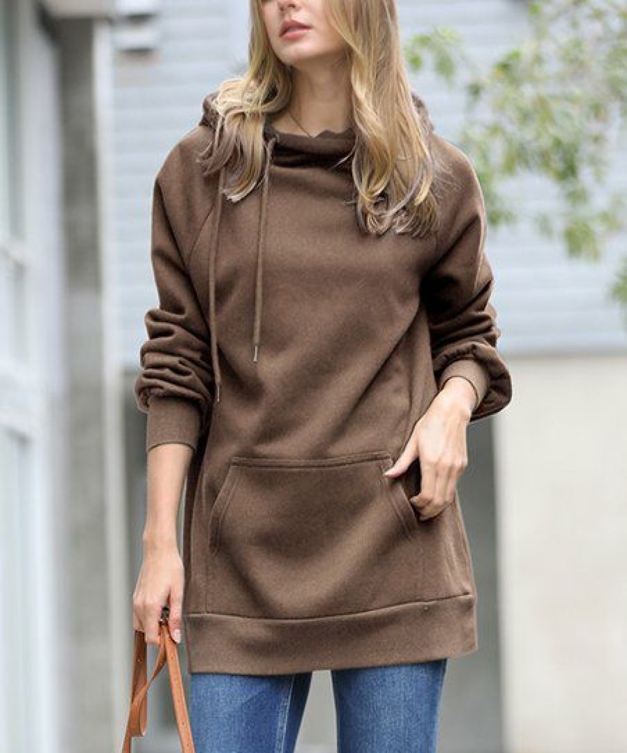 Women * | Buy 42Pops Mocha Side-Tie Funnel-Neck Long-Sleeve Pocket Hoodie Women