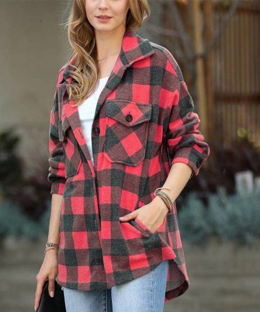 Women * | Flash Sale 42Pops Red & Black Check Pocket Shacket Women