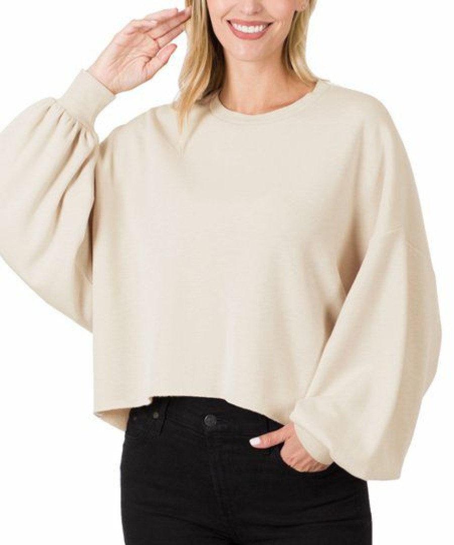 Women * | Deals 42Pops Sand Beige Crewneck Puff-Sleeve Crop Sweatshirt Women