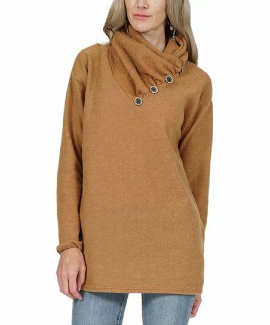 Women * | Coupon 42Pops Mustard Button-Accent Cowl Neck Tunic Women