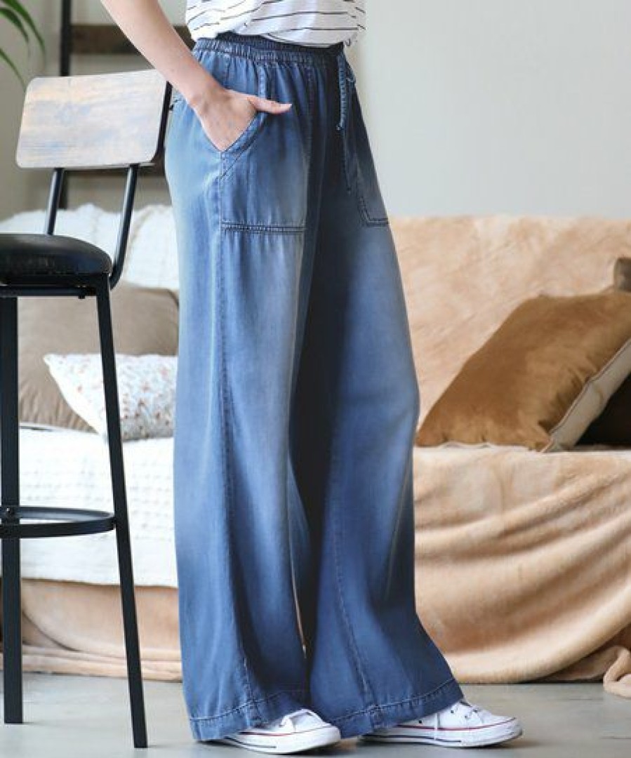 Women * | Promo 42Pops Dark Chambray Drawstring Pocket Wide-Leg Pants Women