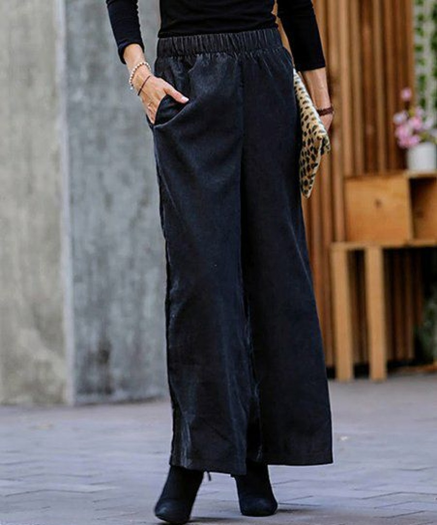 Women * | Best Sale 42Pops Black Corduroy Pocket Wide-Leg Pants Women