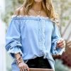 Other * | Top 10 42Pops Light Denim Fringed Button-Up Off-Shoulder Top Women