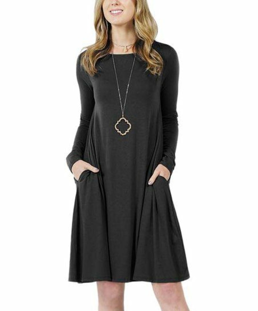 Women * | Best Deal 42Pops Black Crewneck Long-Sleeve Pocket Shift Dress Women