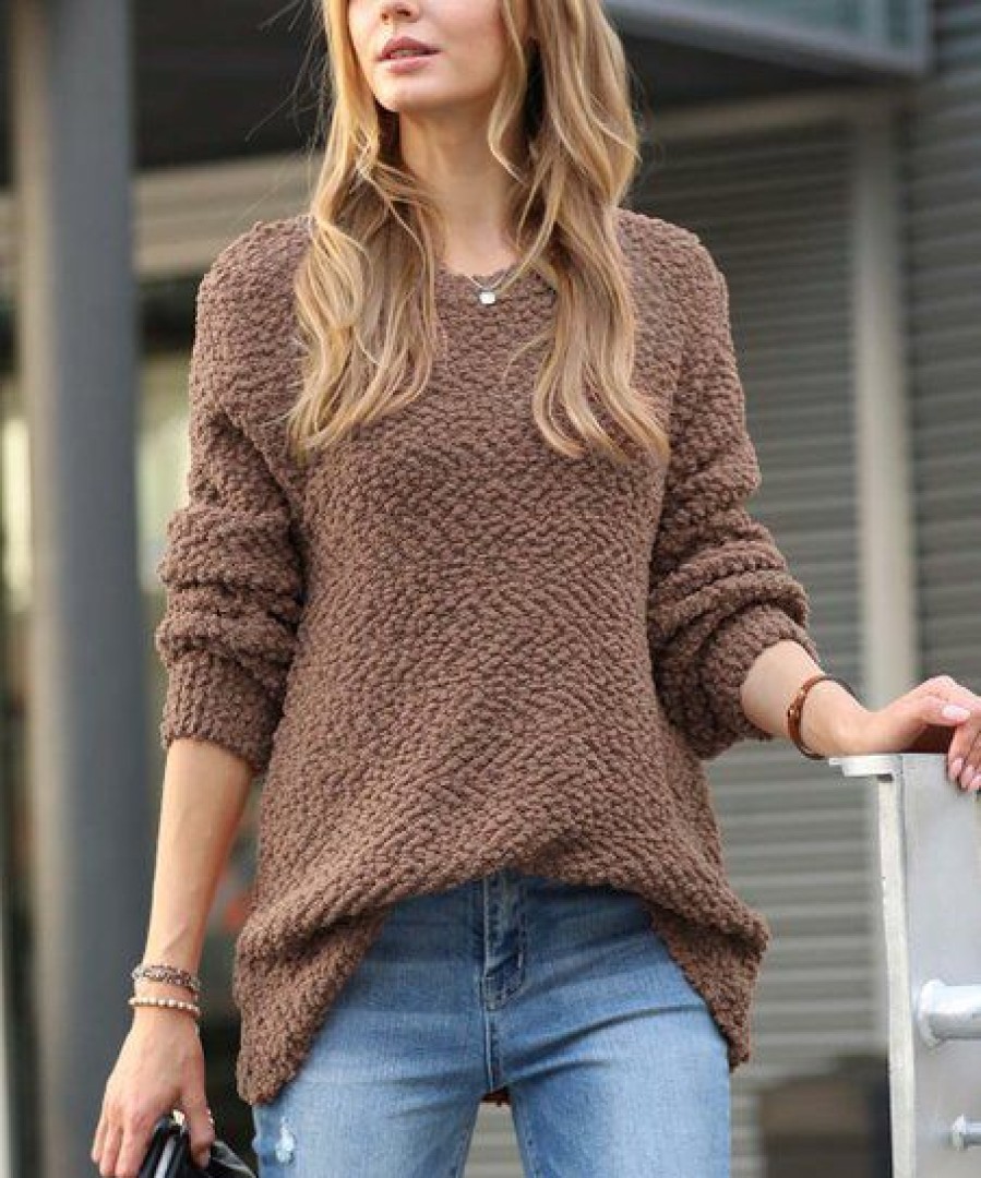 Women * | New 42Pops Mocha Popcorn-Texture Crewneck Bishop-Sleeve Sweater Women