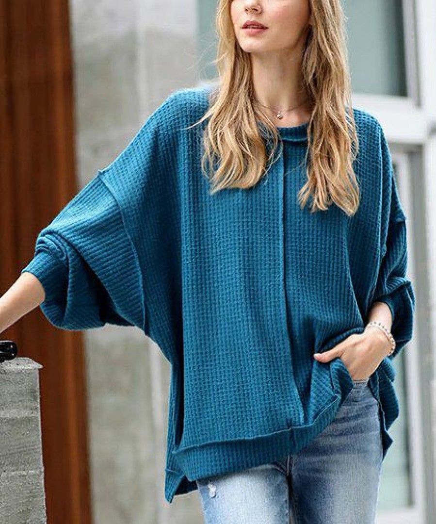 Women * | Best Pirce 42Pops Teal Waffle Crewneck Long-Sleeve Oversize Sweater Women