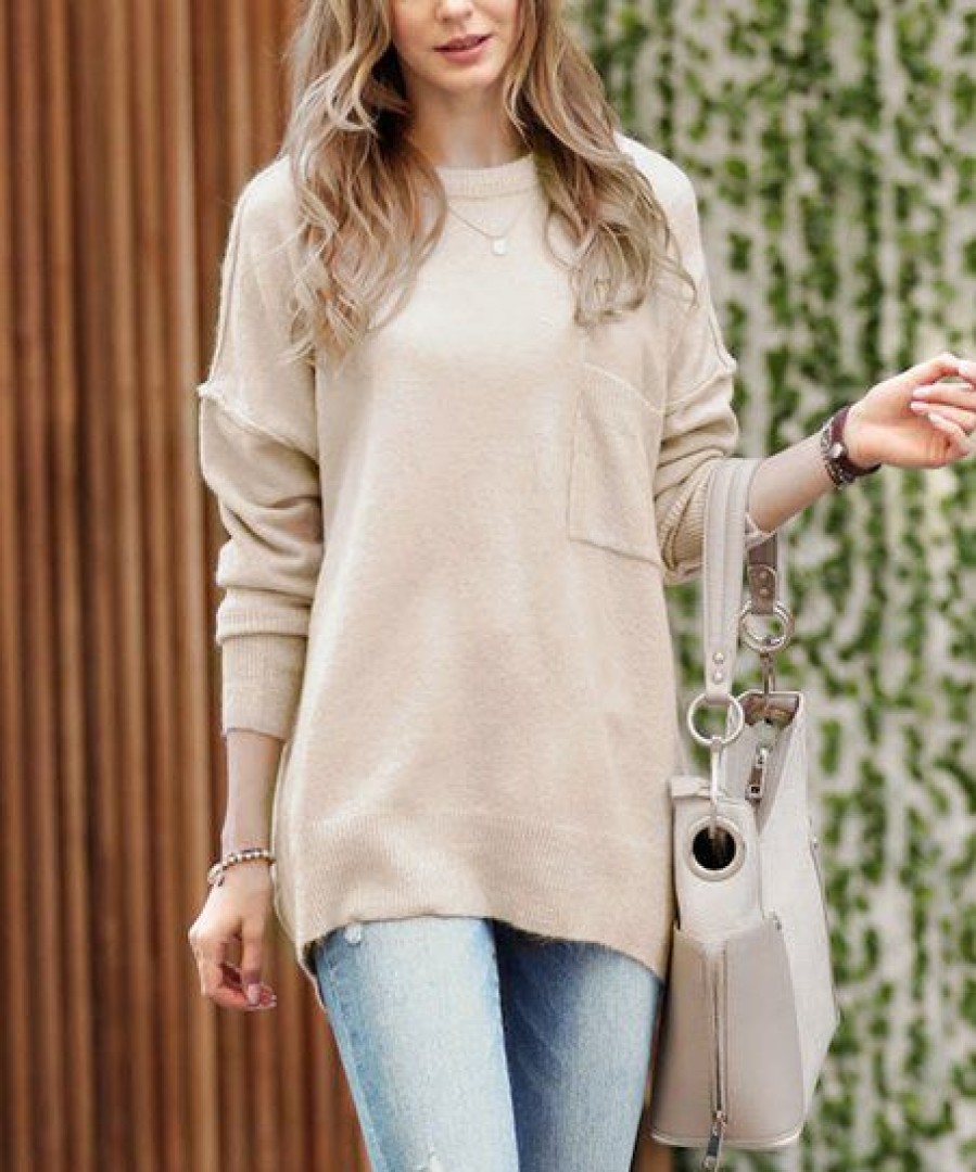 Women * | Coupon 42Pops Heather Mocha Melange Crewneck Hi-Low Pocket Sweater Women