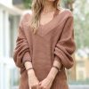 Women * | Cheap 42Pops Deep Camel Double V-Neck Balloon-Sleeve Sweater Women