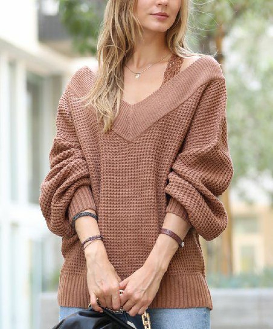 Women * | Cheap 42Pops Deep Camel Double V-Neck Balloon-Sleeve Sweater Women