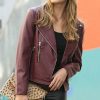 Women * | Buy 42Pops Dark Burgundy Notch-Lapel Pocket Moto Jacket Women