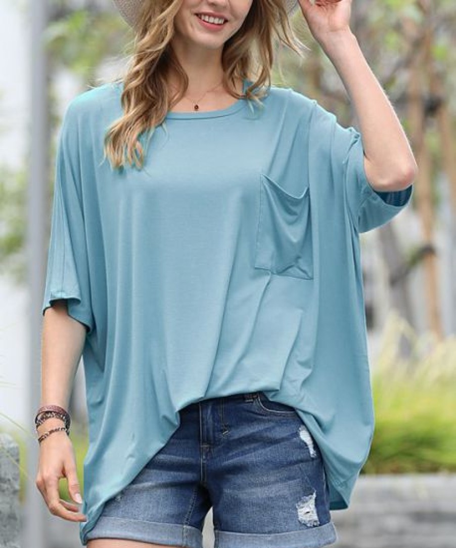 Women * | Promo 42Pops Blue Gray Scoop Neck Pocket Oversize Boyfriend Tee Women