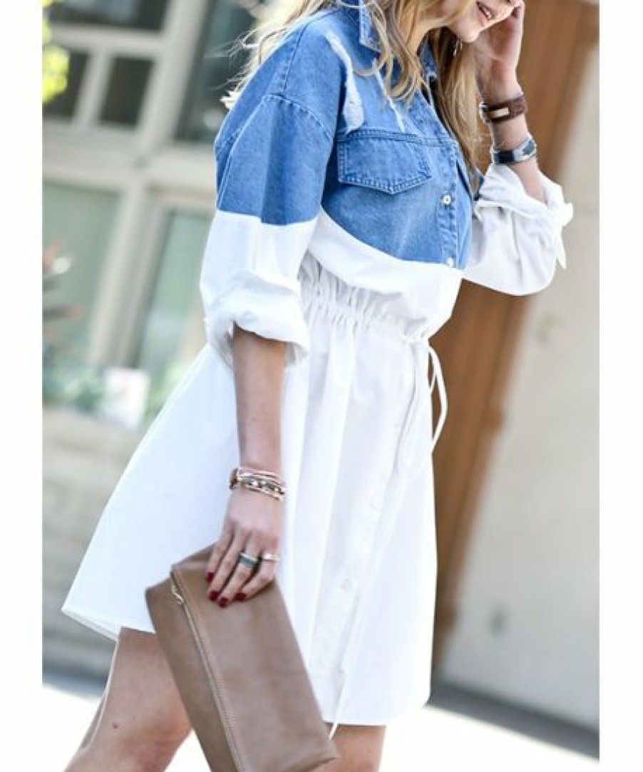 Women * | Buy 42Pops Light Denim & White Contrast Drawstring-Waist Button-Down Dress Women