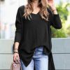 Women * | Best Sale 42Pops Black Waffle V-Neck Hi-Low Sweater Women