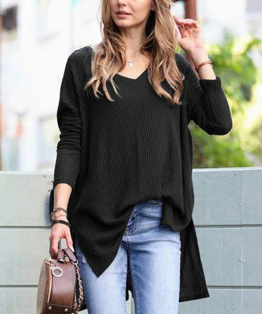 Women * | Best Sale 42Pops Black Waffle V-Neck Hi-Low Sweater Women