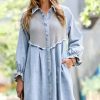 Women * | Discount 42Pops Light Blue Denim Ruffle Poet-Sleeve Shirt Dress Women