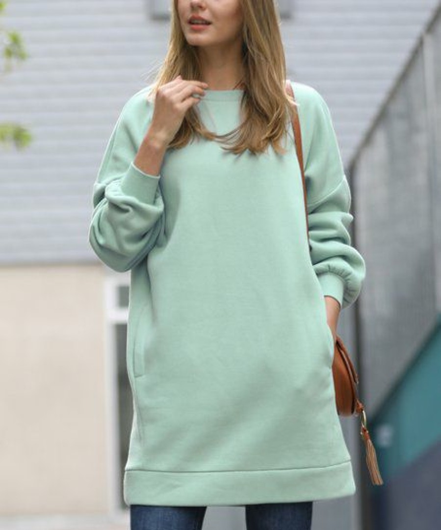 Women * | Budget 42Pops Dusty Green Crewneck Long-Sleeve Pocket Oversize Sweatshirt Tunic Women