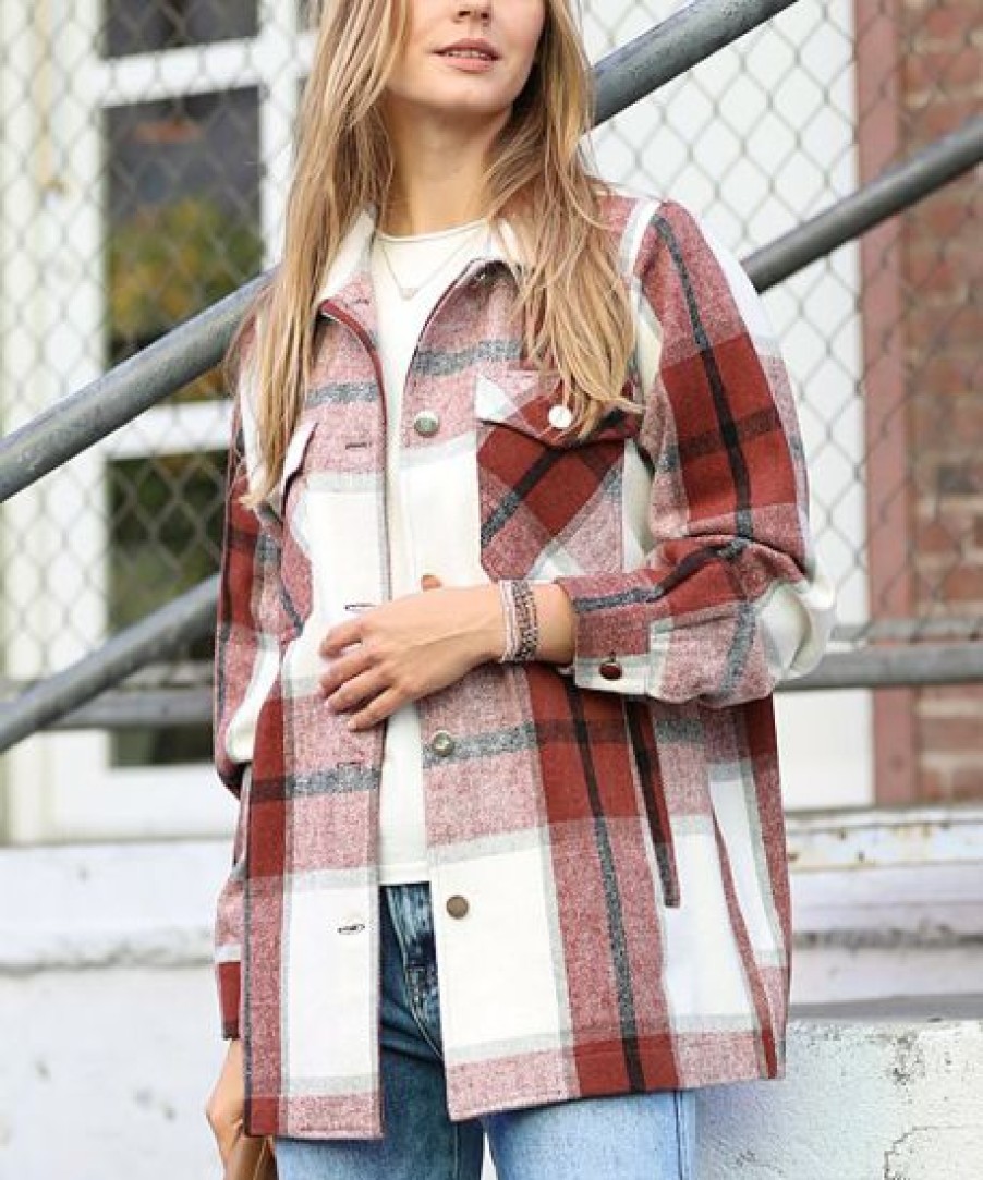 Women * | Cheapest 42Pops Dark Rust Plaid Pocket Oversize Shacket Women