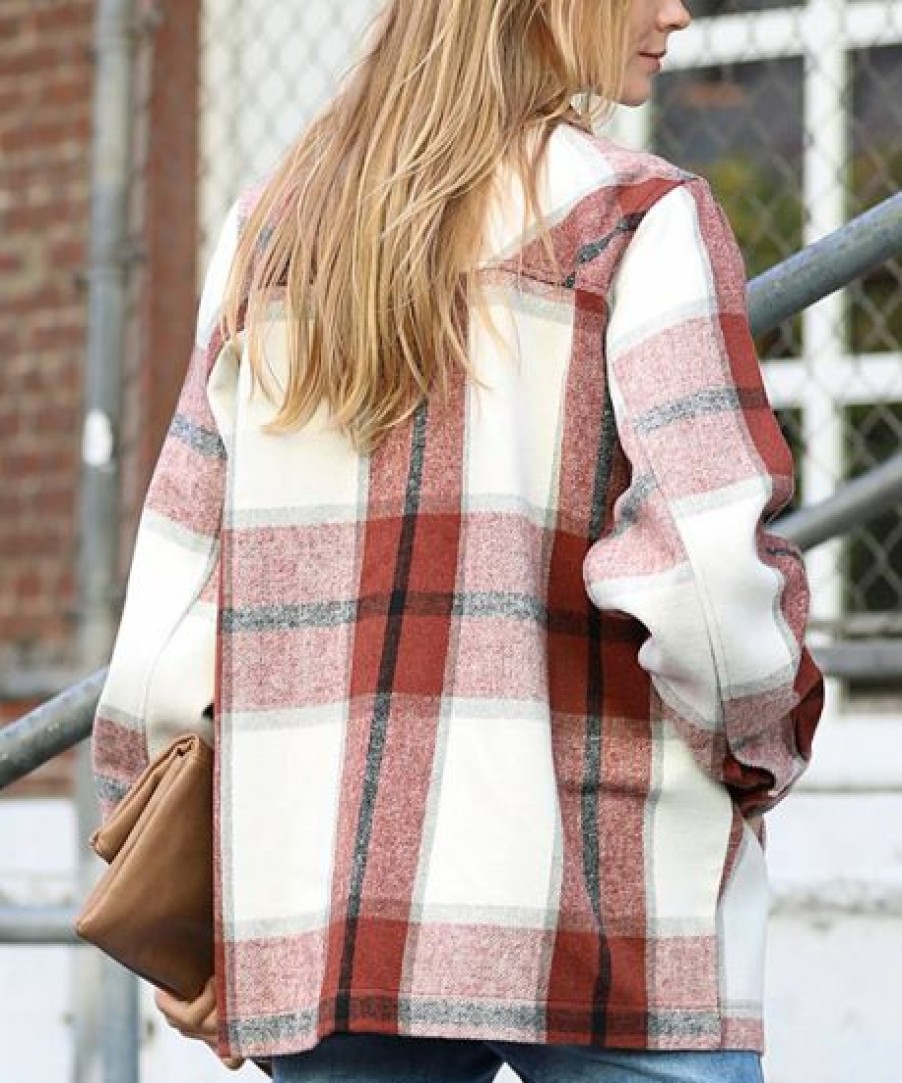 Women * | Cheapest 42Pops Dark Rust Plaid Pocket Oversize Shacket Women