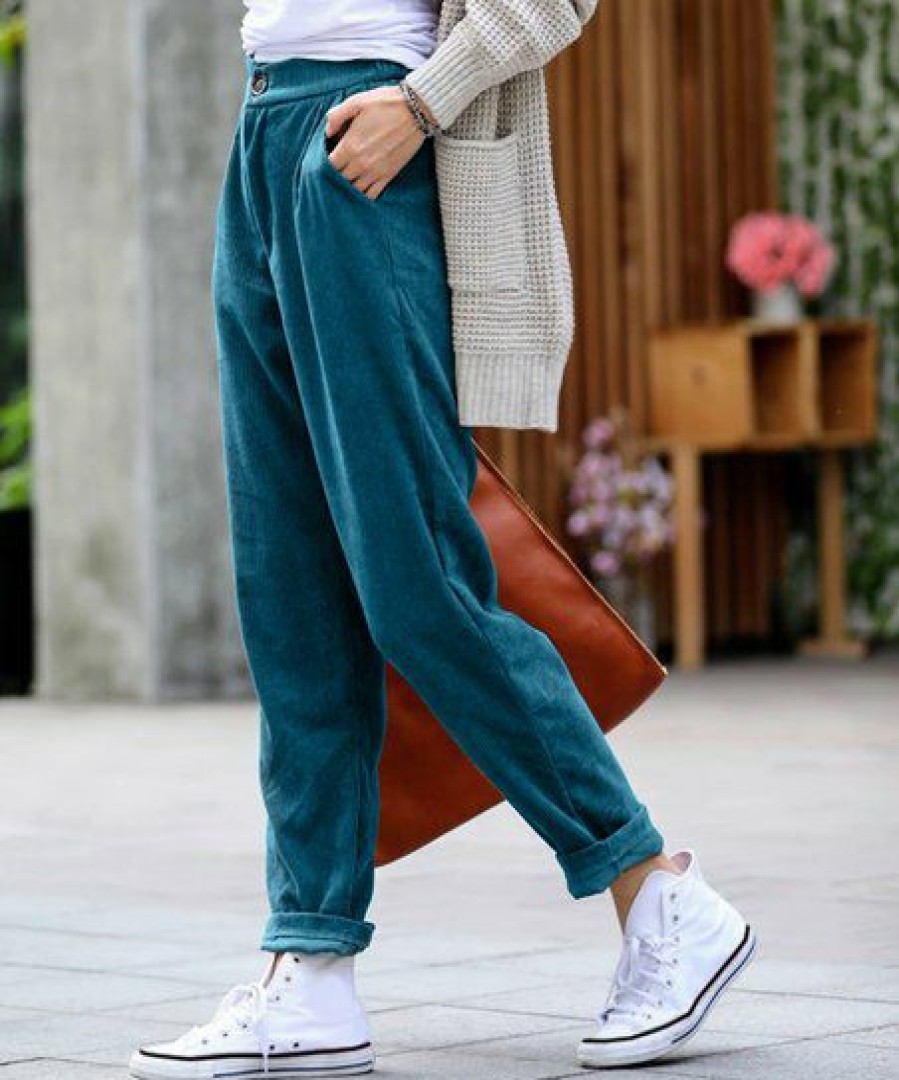 Women * | Best Reviews Of 42Pops Teal Corduroy Pocket High-Waist Pants Women