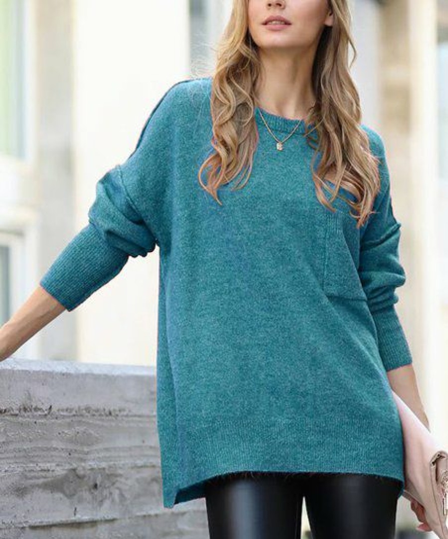 Women * | Budget 42Pops Heather Teal Melange Hi-Low Pocket Sweater Women