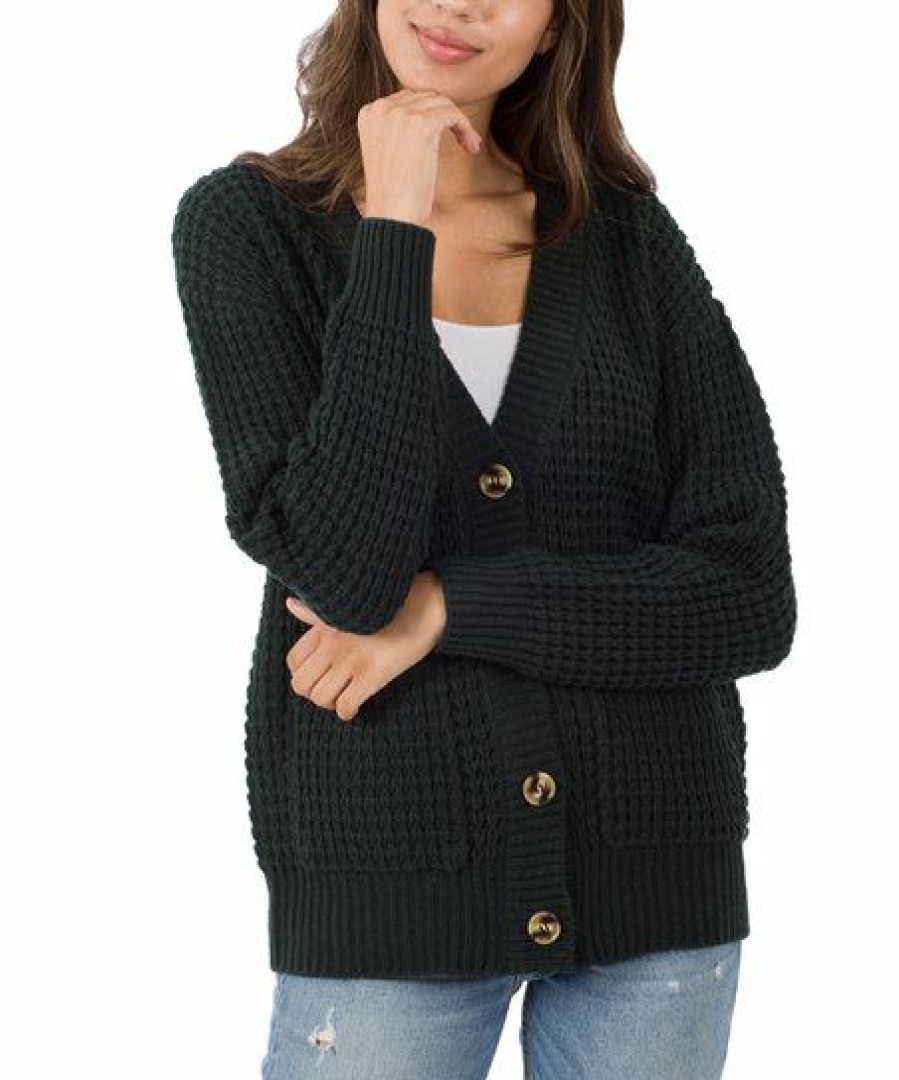 Women * | Promo 42Pops Black Waffle Button-Front Cardigan Women