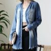 Women * | Brand New 42Pops Dark Chambray Frayed Long-Sleeve Button-Up Women