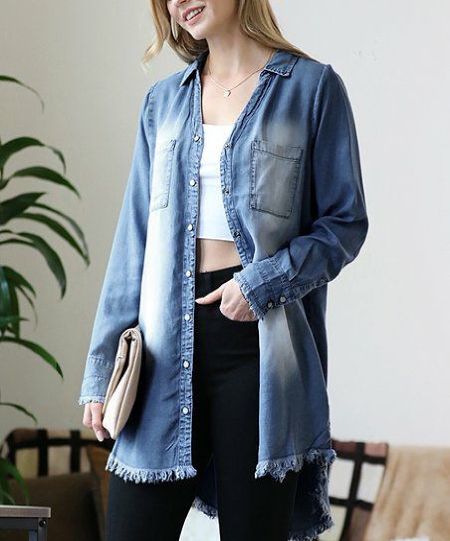 Women * | Brand New 42Pops Dark Chambray Frayed Long-Sleeve Button-Up Women