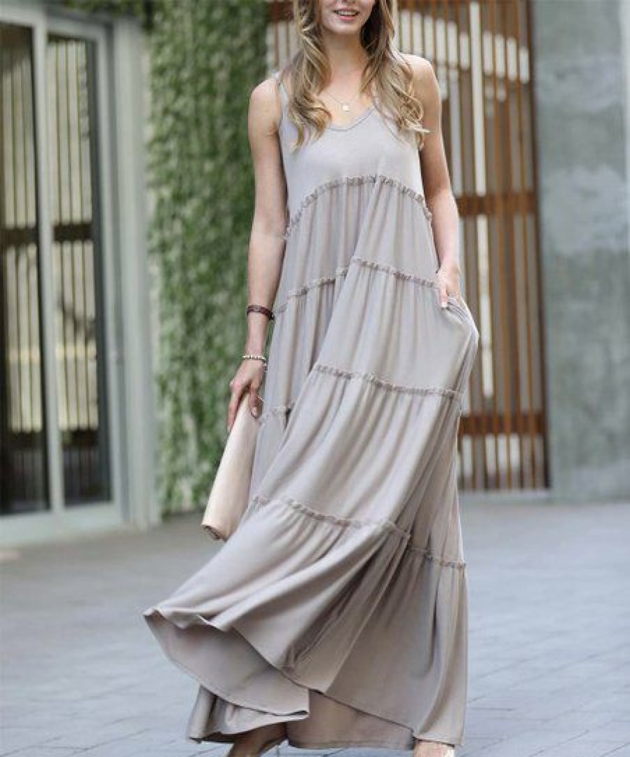 Women * | Cheap 42Pops Ash Mocha V-Neck Tiered Cami-Strap Pocket Maxi Dress Women