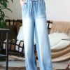 Women * | Wholesale 42Pops Light Blue Chambray Paper Bag-Waist Wide-Leg Pocket Pants Women