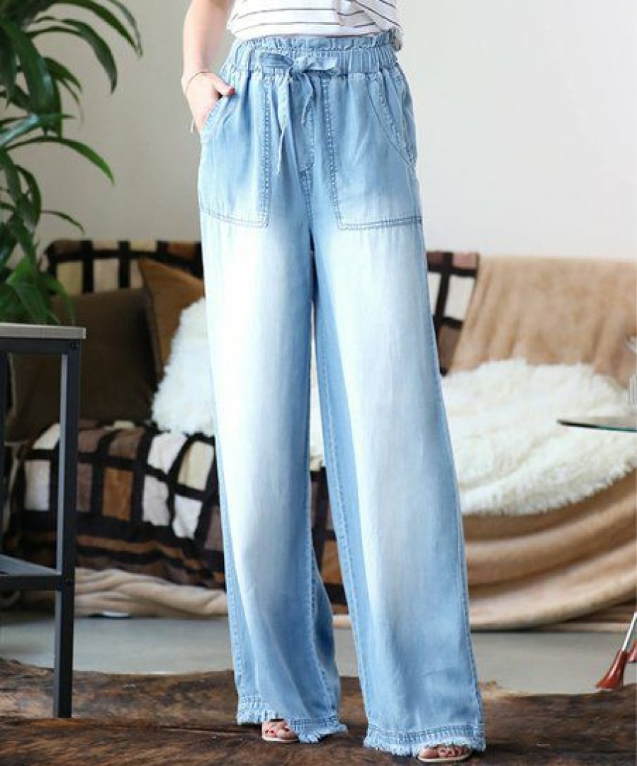 Women * | Wholesale 42Pops Light Blue Chambray Paper Bag-Waist Wide-Leg Pocket Pants Women